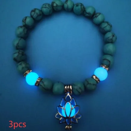 Luminous lotus natural stone bracelet with turquoise glow beads on elastic rope