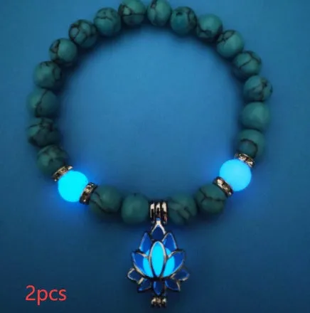 Luminous lotus natural stone bracelet with turquoise glow beads on elastic rope