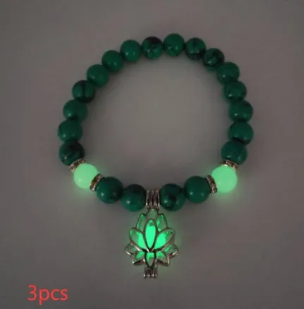 Luminous lotus natural stone bracelet with turquoise glow beads on elastic rope