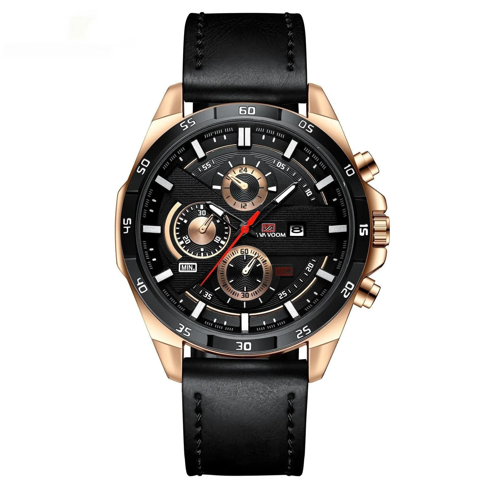 Men's casual quartz watch with calendar on brown leather-look strap and white dial.