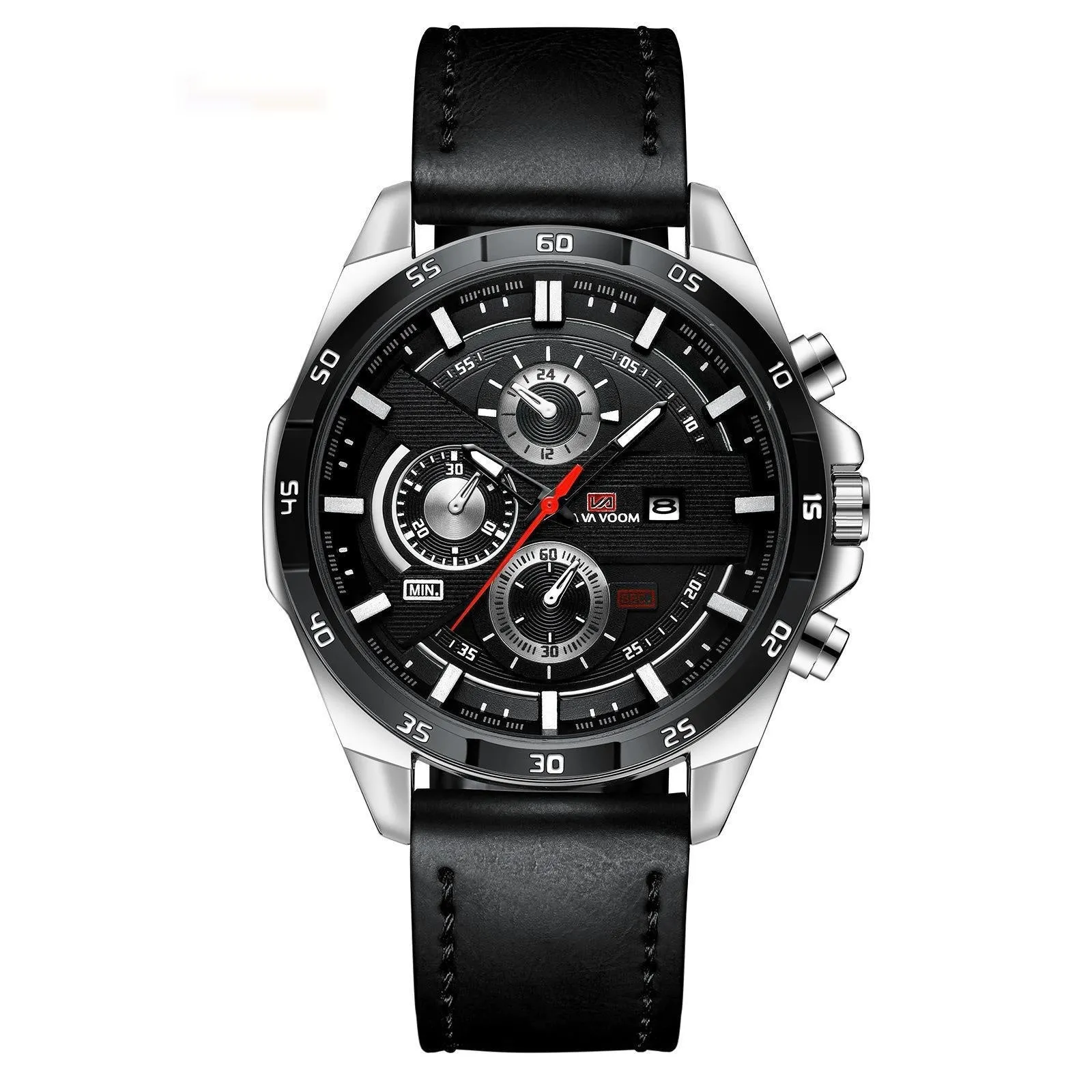 Men's casual quartz watch with calendar on brown leather-look strap and white dial.