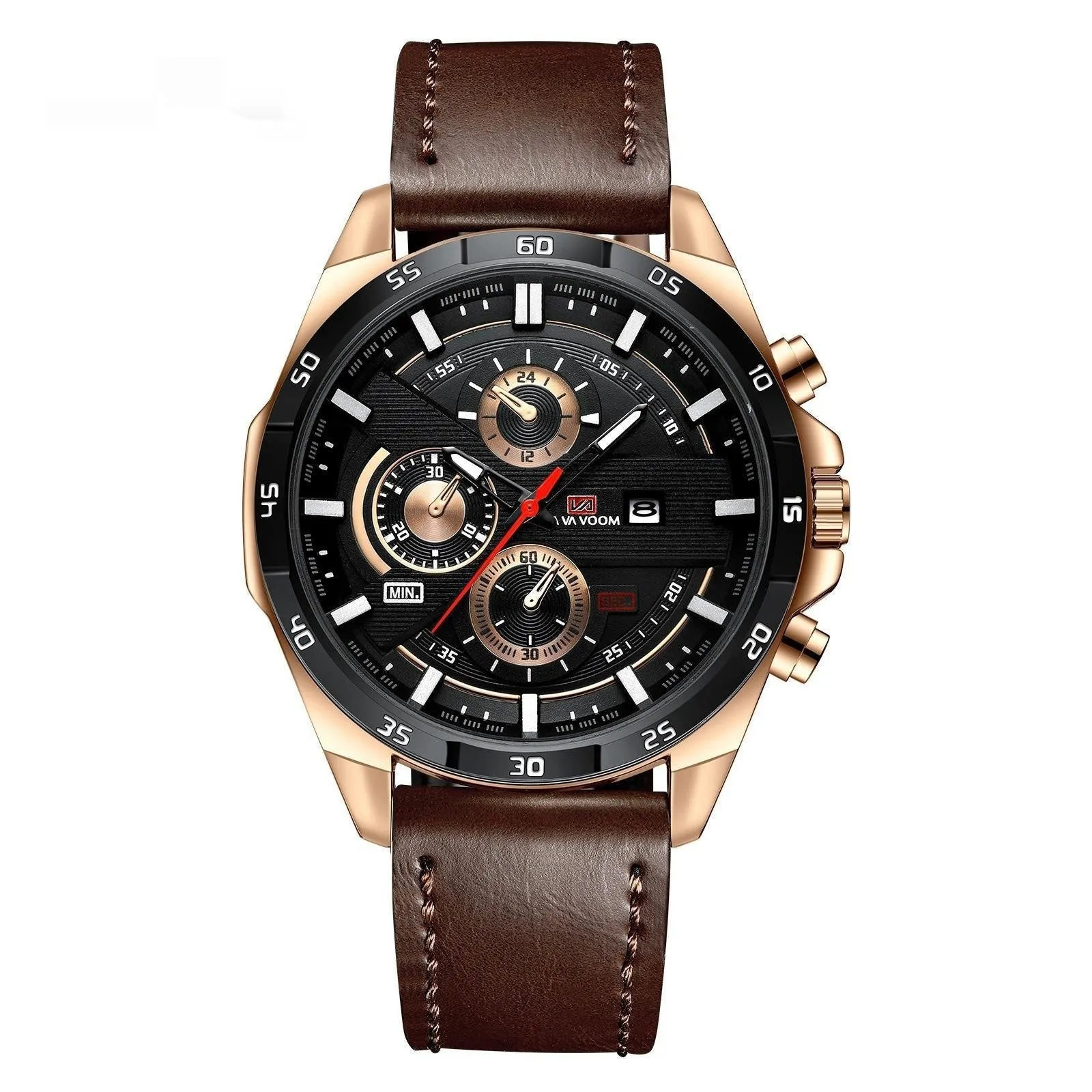 Men's casual quartz watch with calendar on brown leather-look strap and white dial.