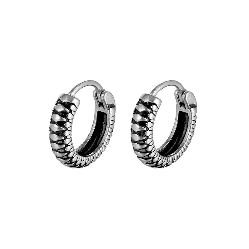 Silver geometric earrings with circular striped design in titanium steel