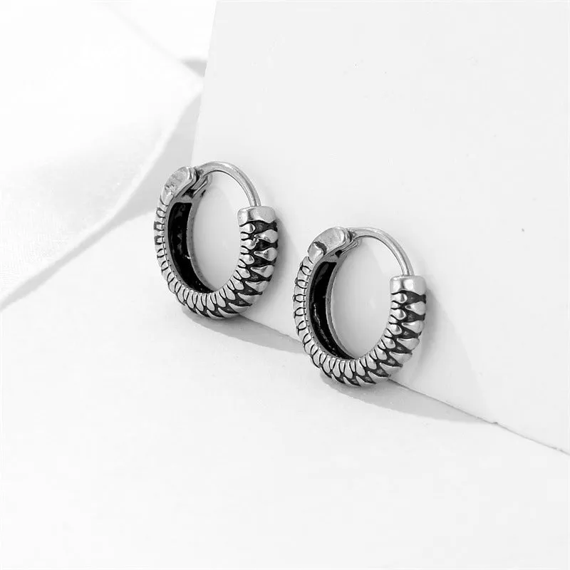 Silver geometric earrings with circular striped design in titanium steel