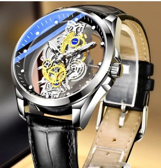 Men's skeleton quartz watch full gold steel with luminous dial and stainless steel strap