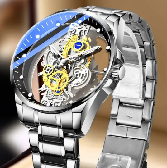 Men's skeleton quartz watch full gold steel with luminous dial and stainless steel strap