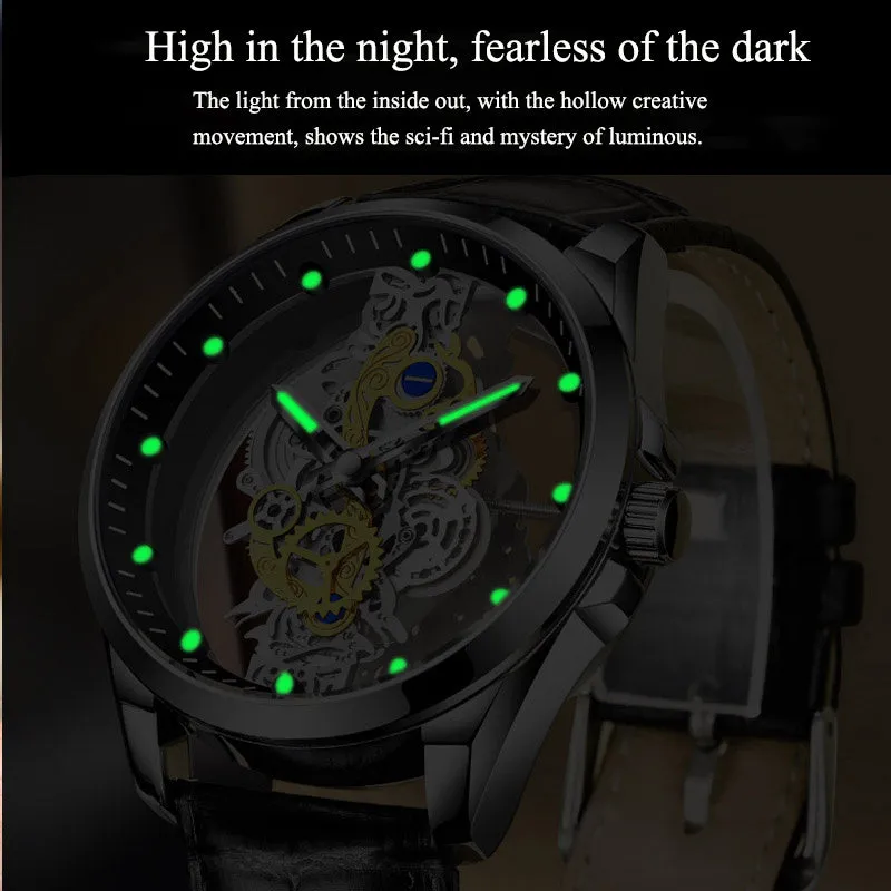 Men's skeleton quartz watch full gold steel with luminous dial and stainless steel strap