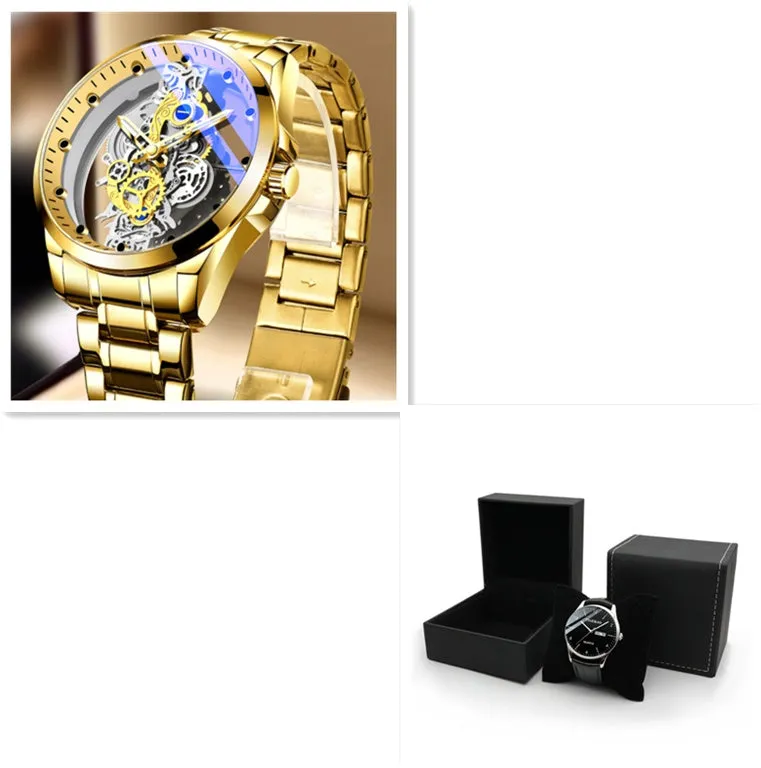 Men's skeleton quartz watch full gold steel with luminous dial and stainless steel strap