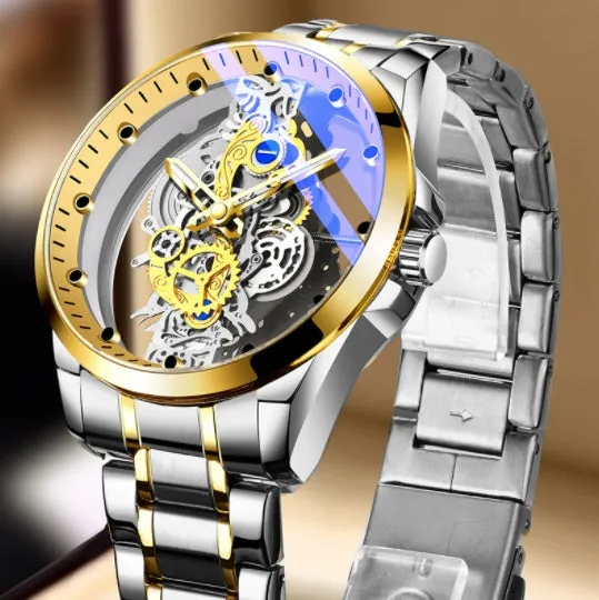 Men's skeleton quartz watch full gold steel with luminous dial and stainless steel strap