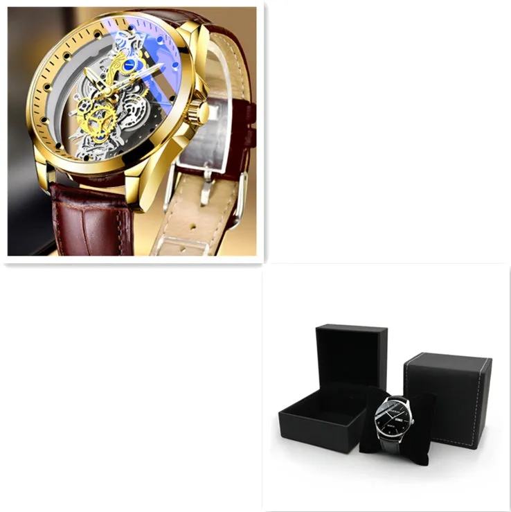 Men's skeleton quartz watch full gold steel with luminous dial and stainless steel strap