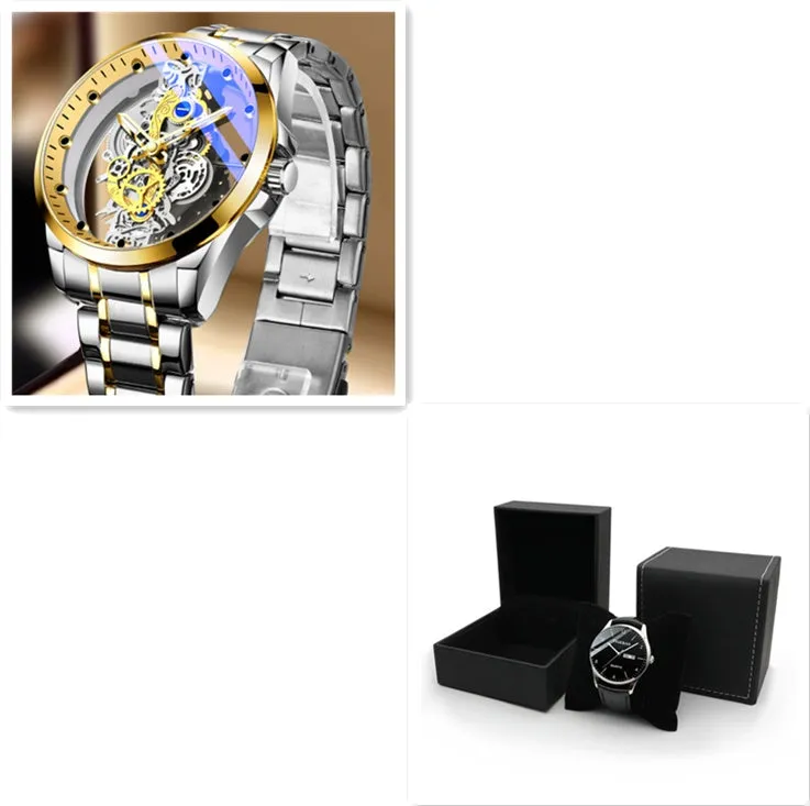 Men's skeleton quartz watch full gold steel with luminous dial and stainless steel strap