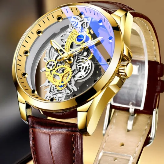 Men's skeleton quartz watch full gold steel with luminous dial and stainless steel strap
