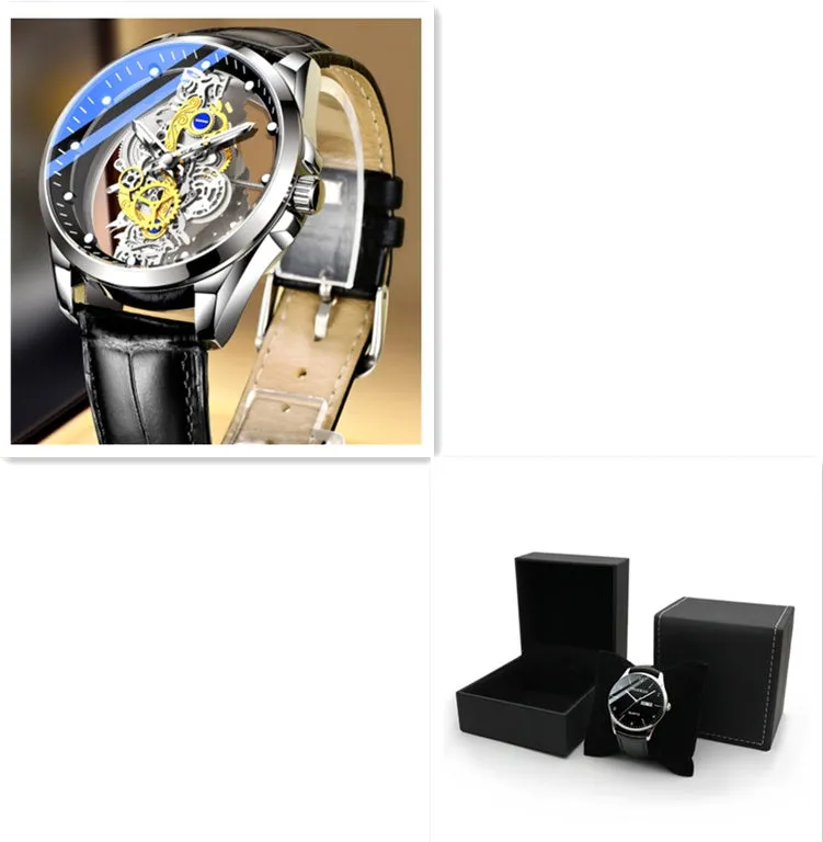 Men's skeleton quartz watch full gold steel with luminous dial and stainless steel strap