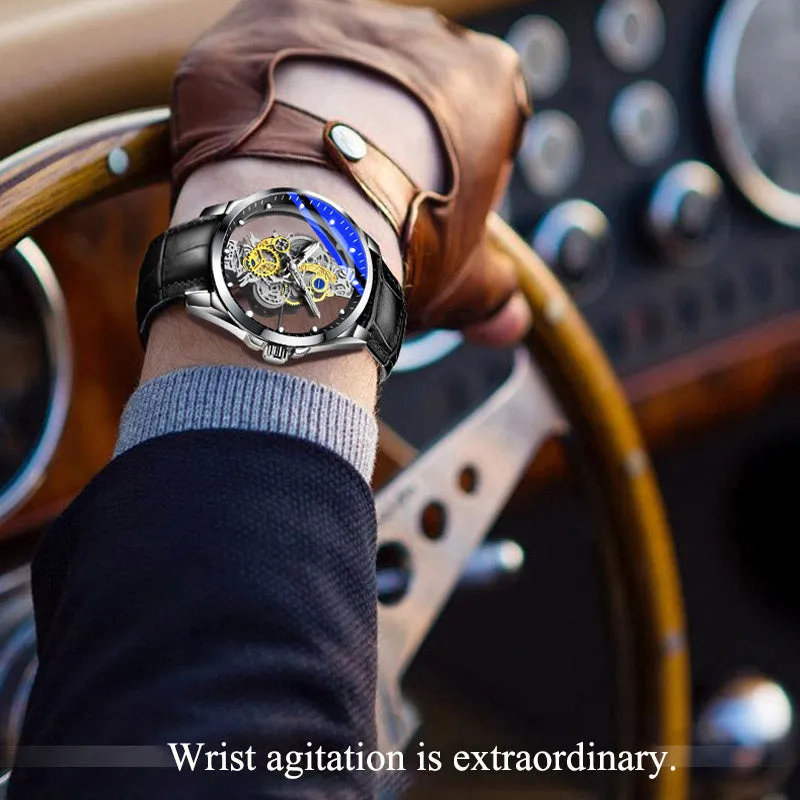 Men's skeleton quartz watch full gold steel with luminous dial and stainless steel strap