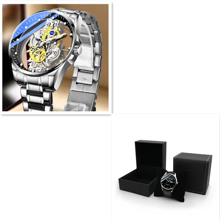 Men's skeleton quartz watch full gold steel with luminous dial and stainless steel strap