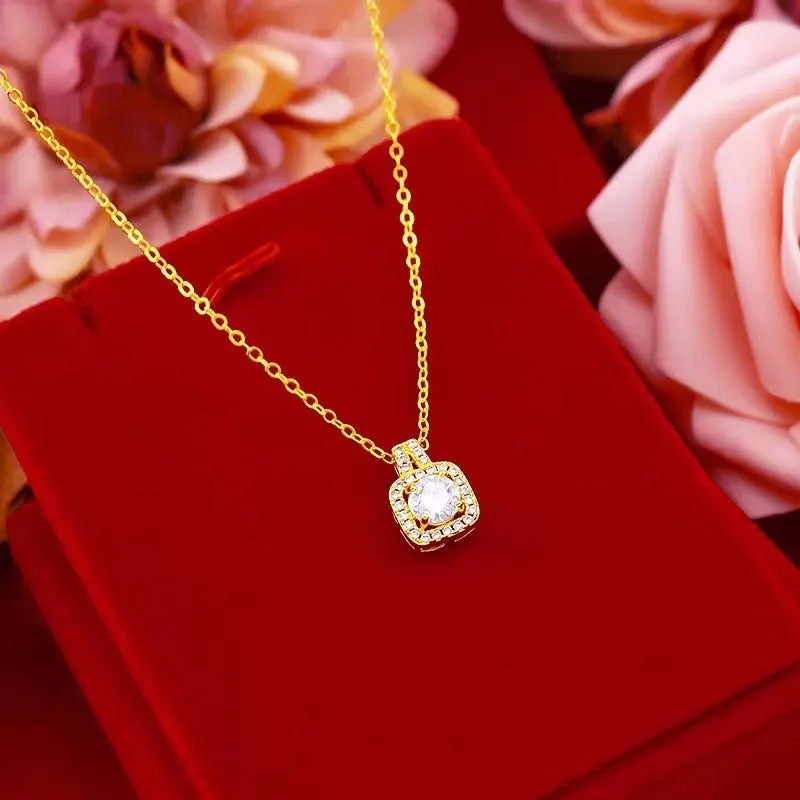 Gold-tone fashion jewellery set with zircon pendant necklace, stud earrings, and ring on white background