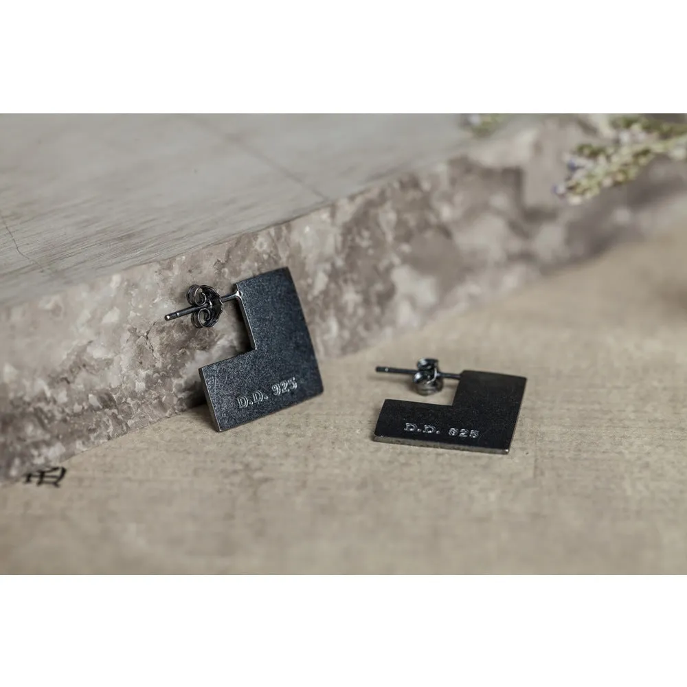 Sterling silver geometric square earrings with oxidation black finish, 16mm minimalist design