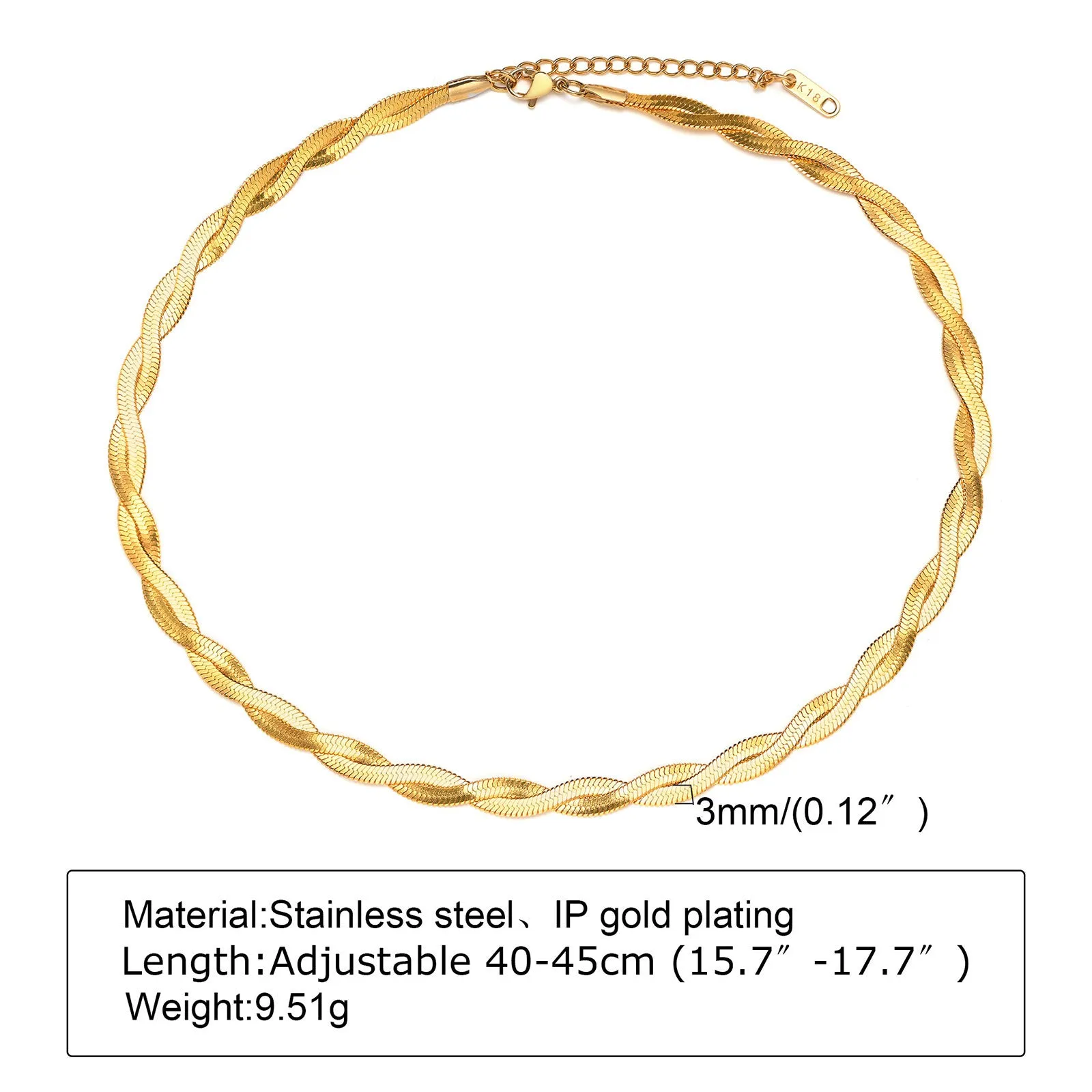 Stainless steel geometric twist necklace on snake bones chain, available in multiple colours
