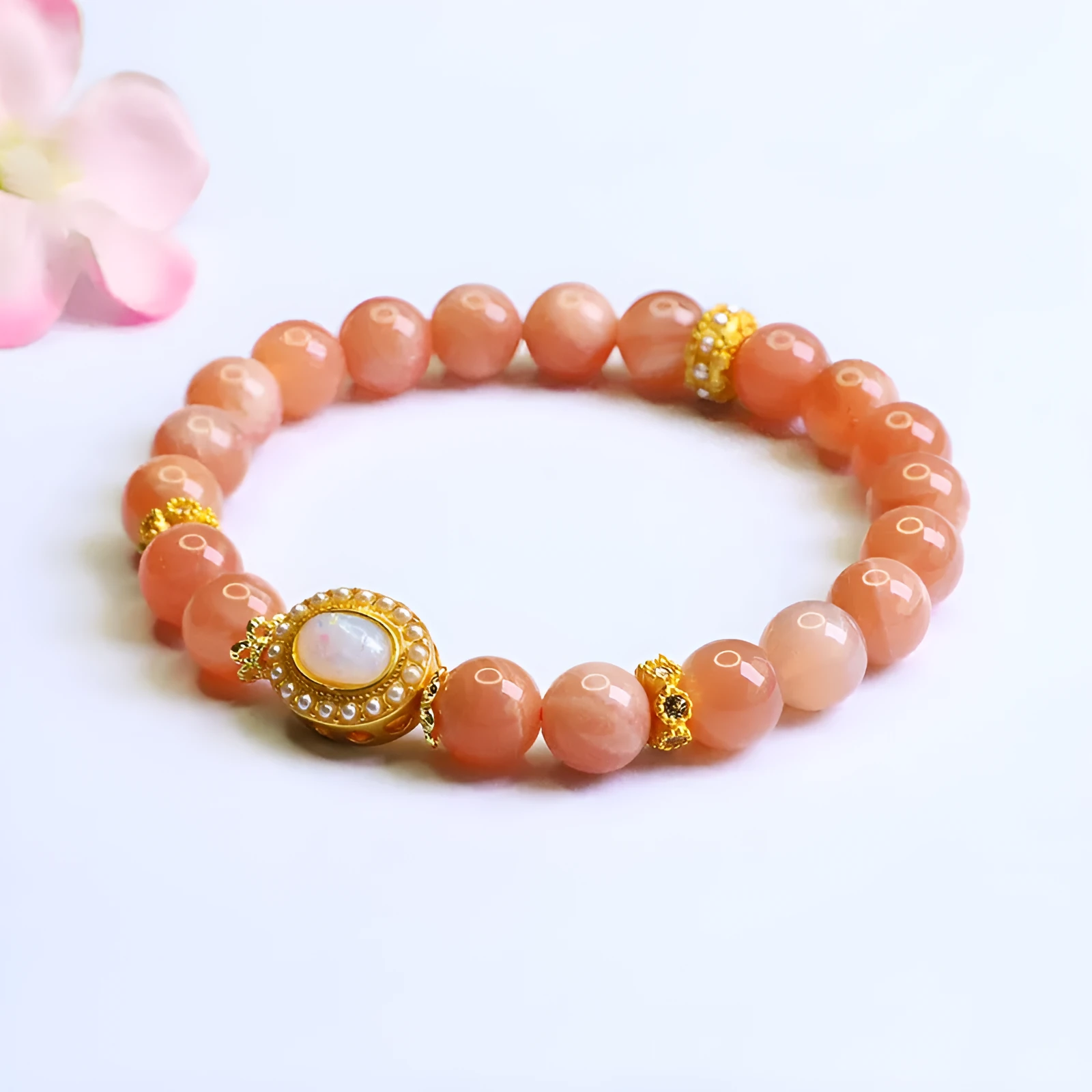 Natural orange moonlight hand-woven moonstone bracelet with 8mm round beads for women