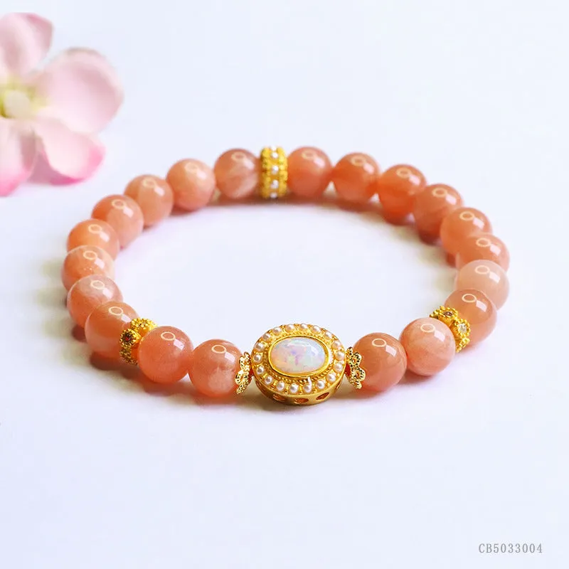 Natural orange moonlight hand-woven moonstone bracelet with 8mm round beads for women