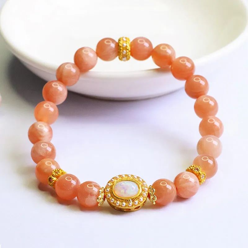 Natural orange moonlight hand-woven moonstone bracelet with 8mm round beads for women