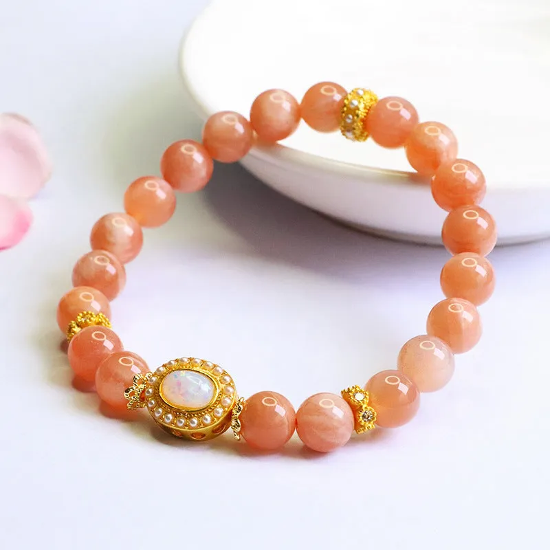 Natural orange moonlight hand-woven moonstone bracelet with 8mm round beads for women