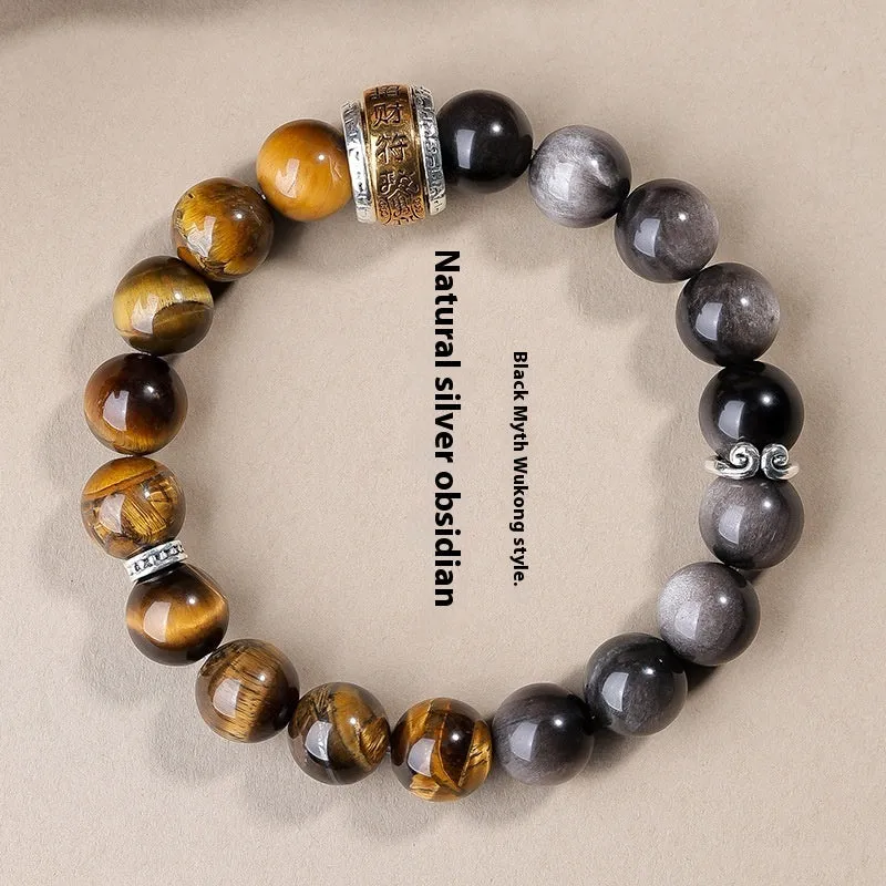 Natural Silver Stone Buddha beads bracelet 10mm unisex hand toy in Wukong style with U-shaped design