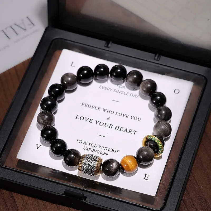 Natural Silver Stone Buddha beads bracelet 10mm unisex hand toy in Wukong style with U-shaped design