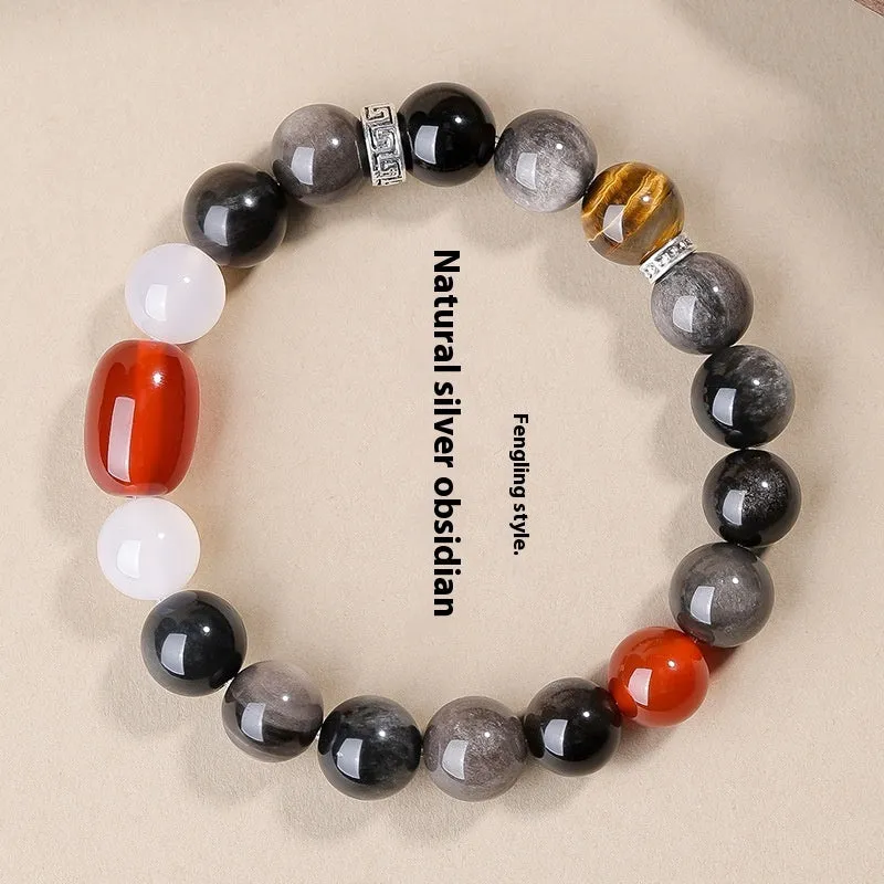 Natural Silver Stone Buddha beads bracelet 10mm unisex hand toy in Wukong style with U-shaped design