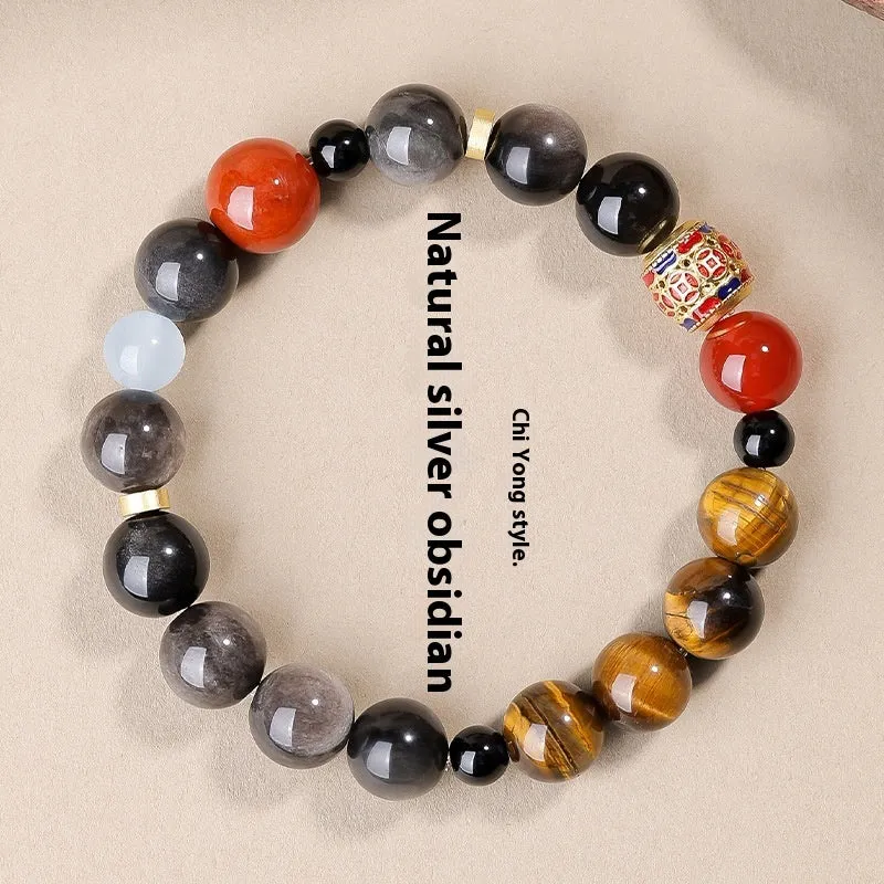 Natural Silver Stone Buddha beads bracelet 10mm unisex hand toy in Wukong style with U-shaped design