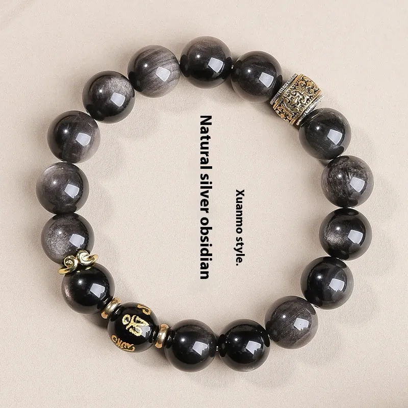 Natural Silver Stone Buddha beads bracelet 10mm unisex hand toy in Wukong style with U-shaped design