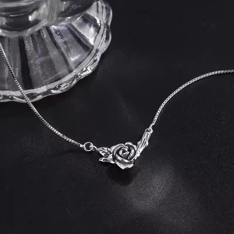 Retro black rose necklace for women with distressed vintage rose finish copper pendant cross chain