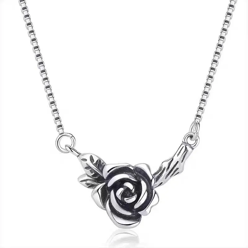 Retro black rose necklace for women with distressed vintage rose finish copper pendant cross chain