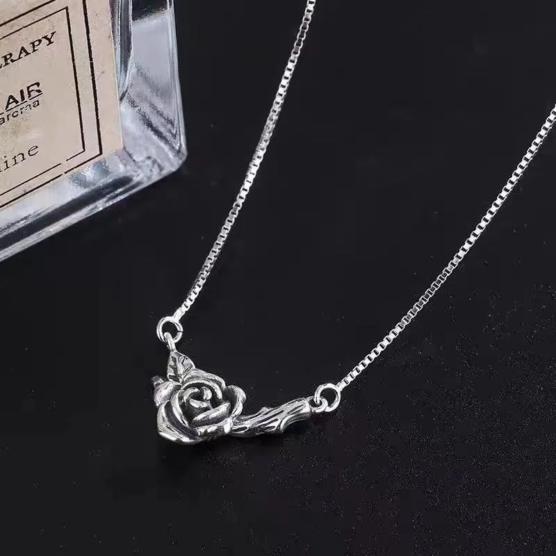 Retro black rose necklace for women with distressed vintage rose finish copper pendant cross chain