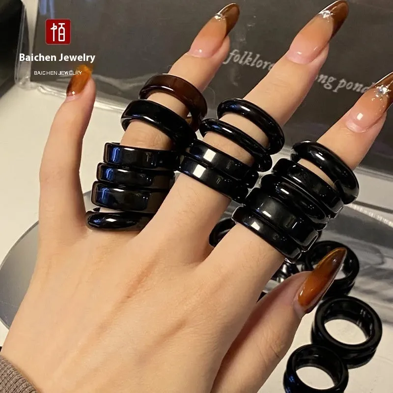 Natural Brazil agate ring polished chalcedony random-hair finish unisex size 16-18 eight colours