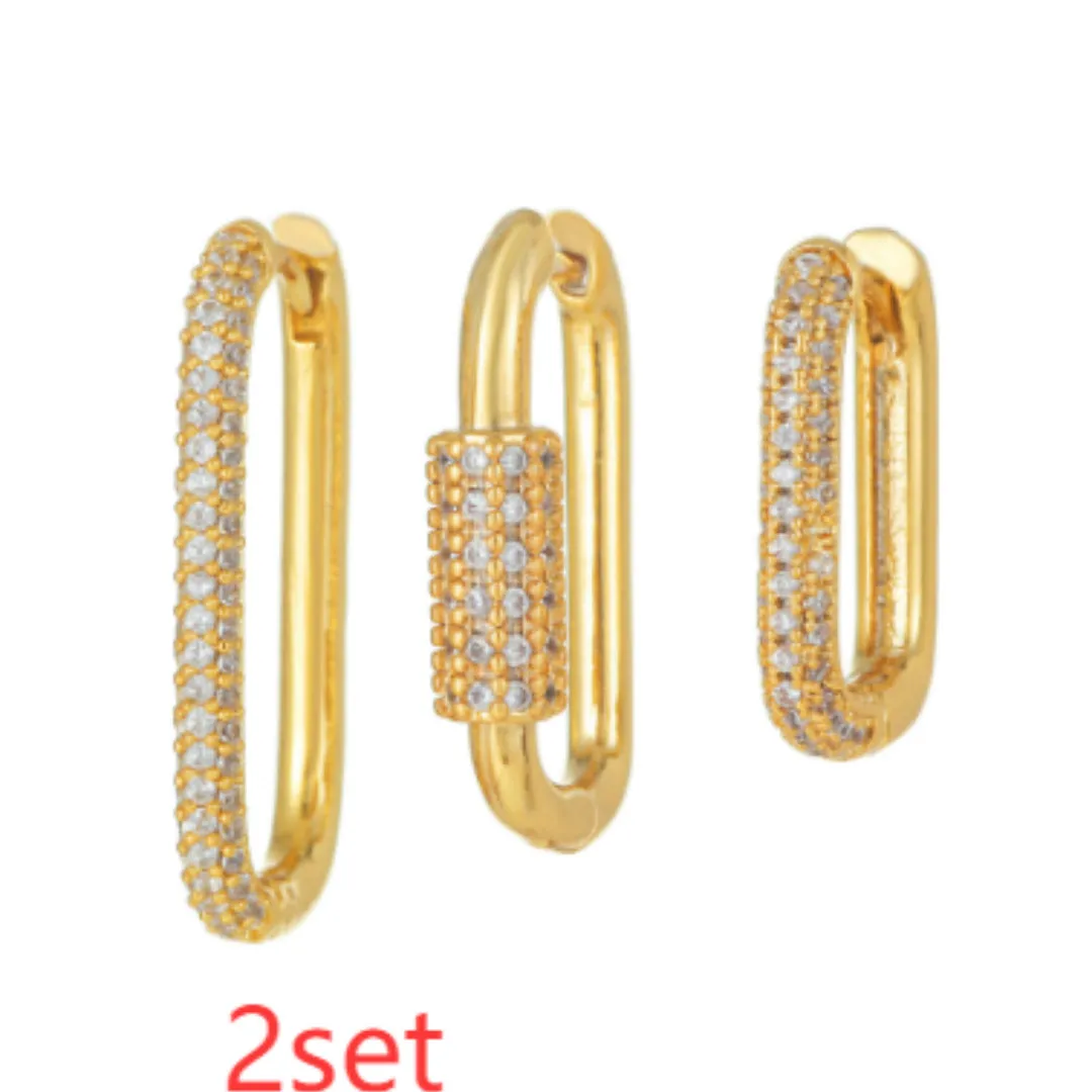 Geometric ear clip set with micro inlaid zircon jewellery in gold and white colour options