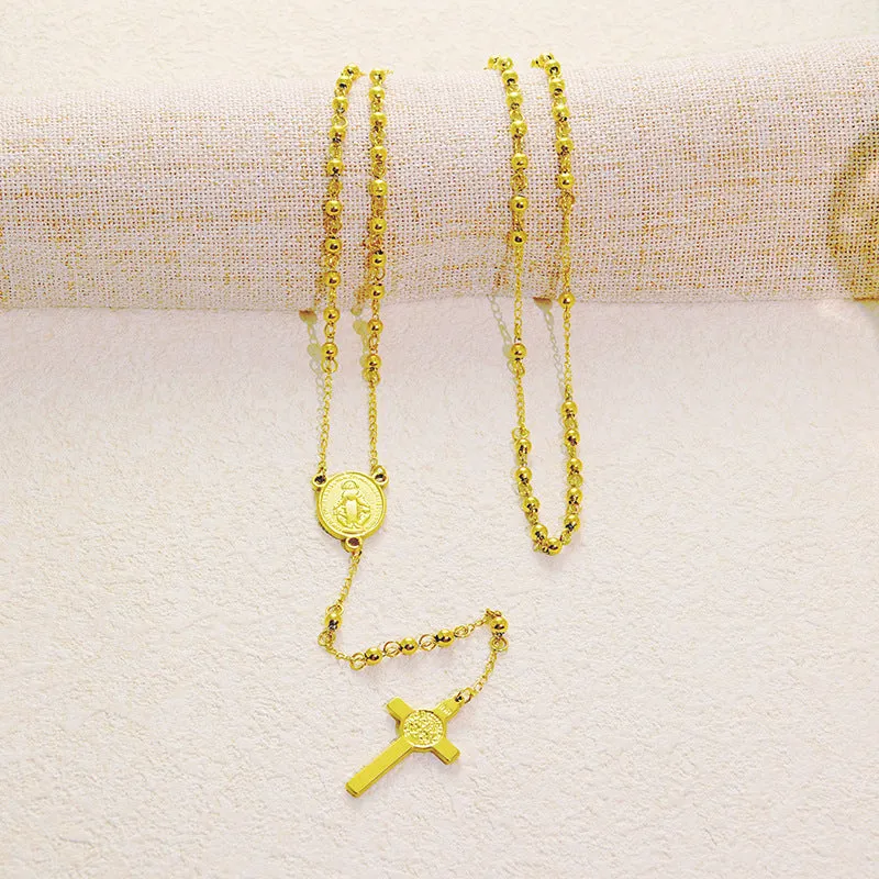 Stainless steel cross pendant necklace in golden colour with a priest pendant design on a simple chain