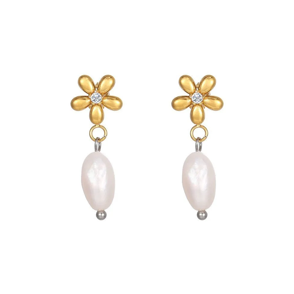 Women's C-shaped titanium steel earrings with pearl inlay flower design in gold