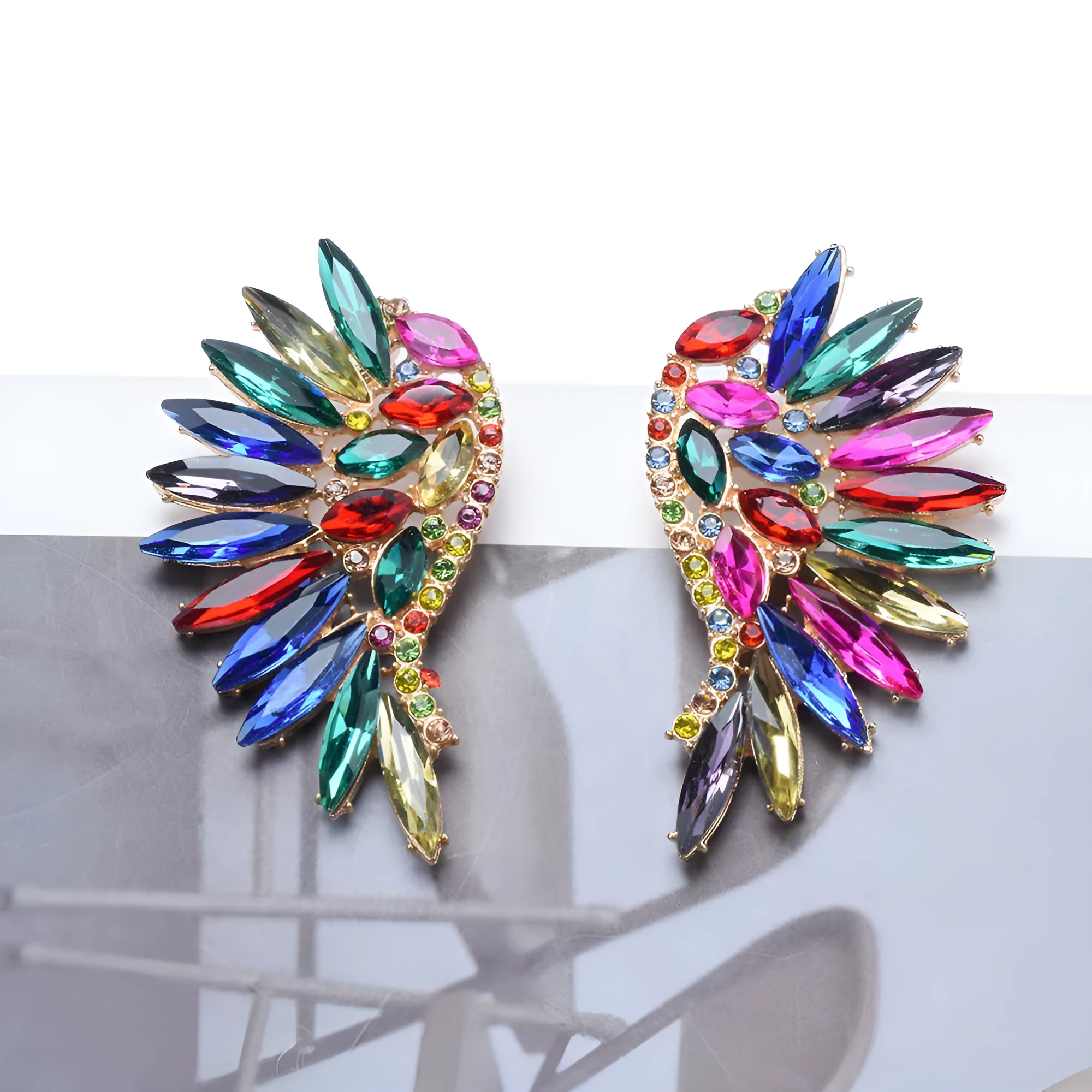 Women's exaggerated long flower earrings with rhinestone petals, 5cm drop, available in 6 colour options