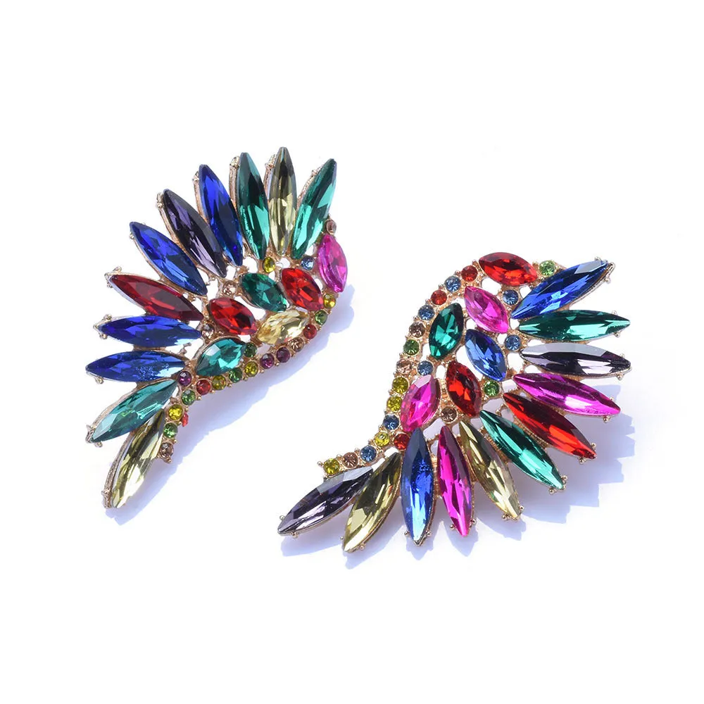 Women's exaggerated long flower earrings with rhinestone petals, 5cm drop, available in 6 colour options