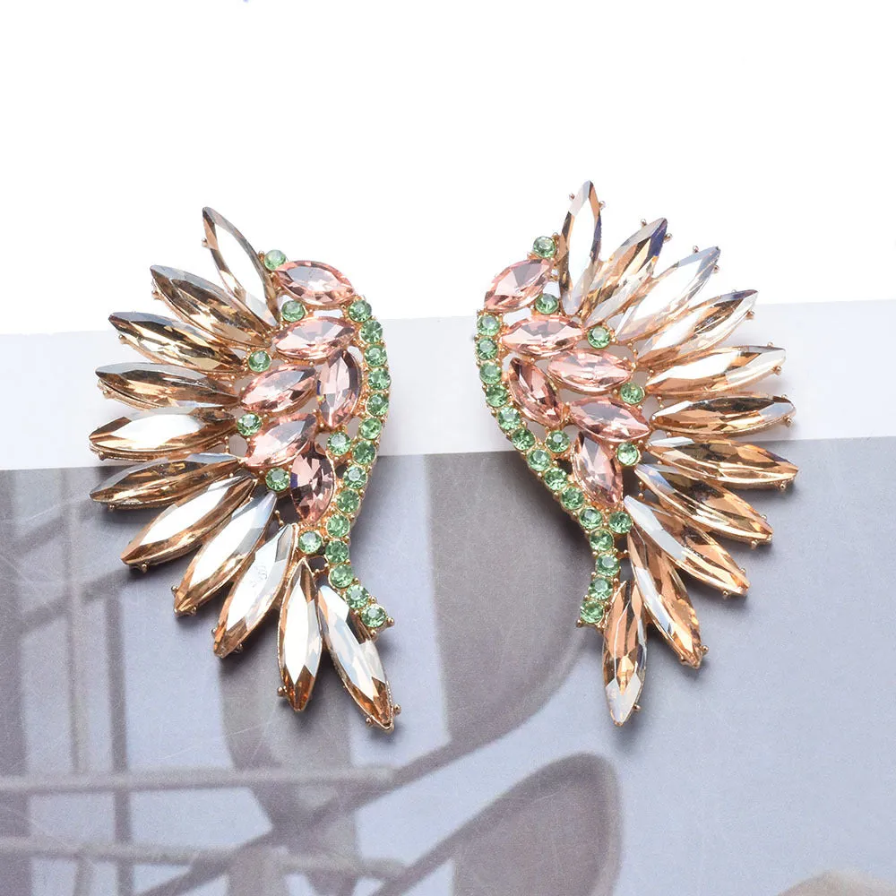 Women's exaggerated long flower earrings with rhinestone petals, 5cm drop, available in 6 colour options