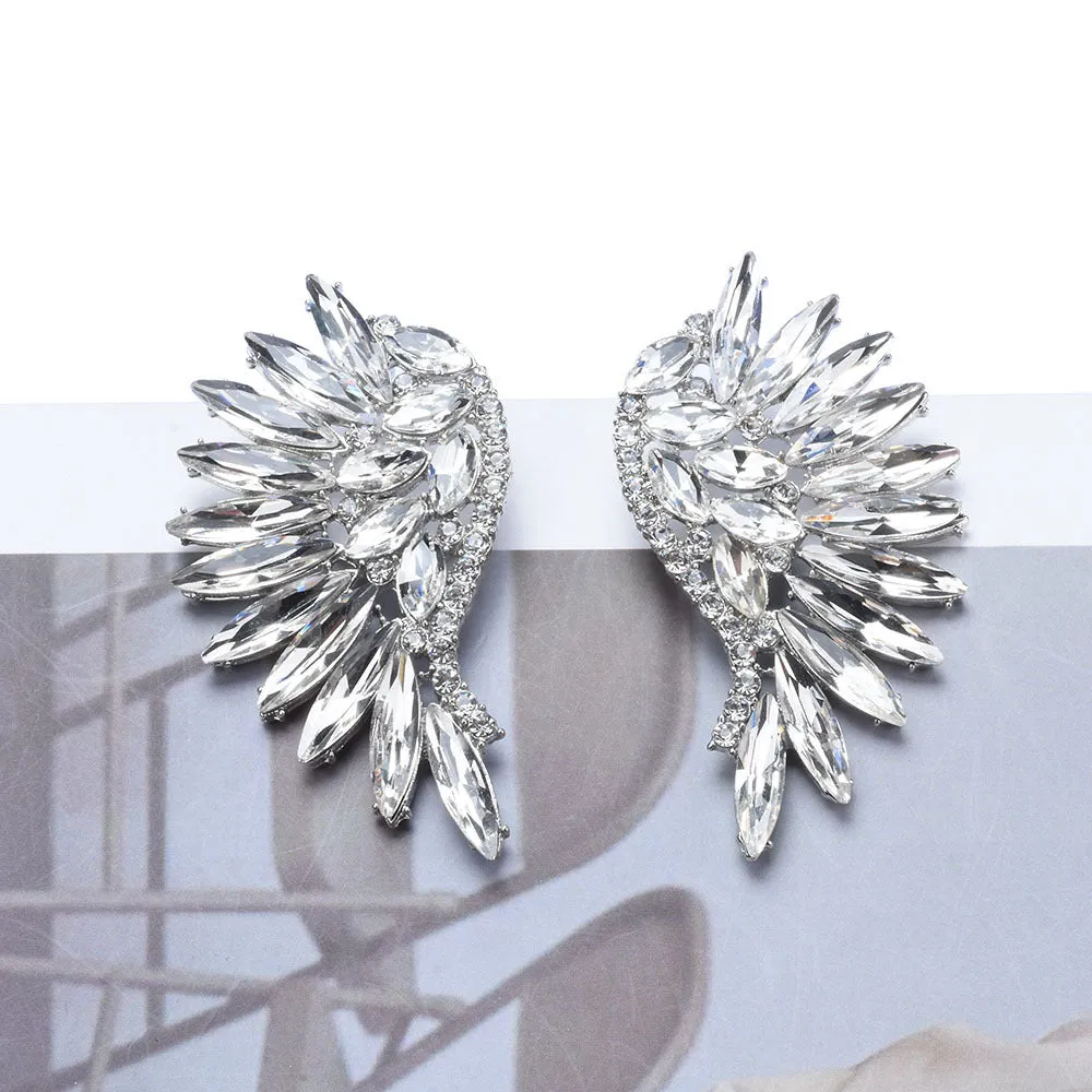 Women's exaggerated long flower earrings with rhinestone petals, 5cm drop, available in 6 colour options