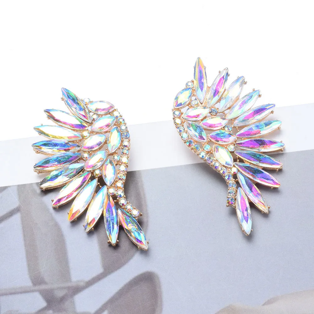 Women's exaggerated long flower earrings with rhinestone petals, 5cm drop, available in 6 colour options