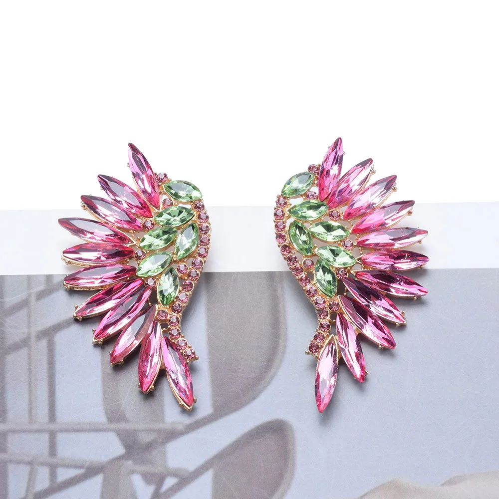 Women's exaggerated long flower earrings with rhinestone petals, 5cm drop, available in 6 colour options
