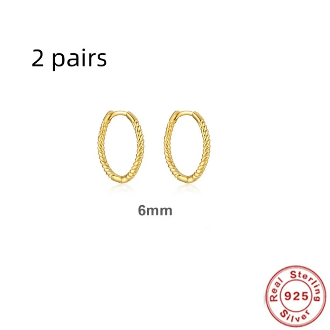 S925 sterling silver twisted string round ring earrings in gold and white gold finishes