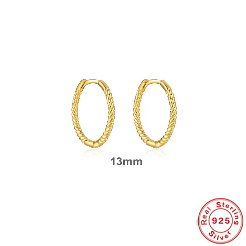 S925 sterling silver twisted string round ring earrings in gold and white gold finishes