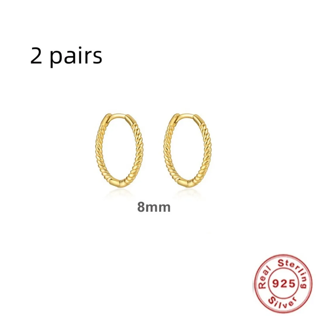 S925 sterling silver twisted string round ring earrings in gold and white gold finishes