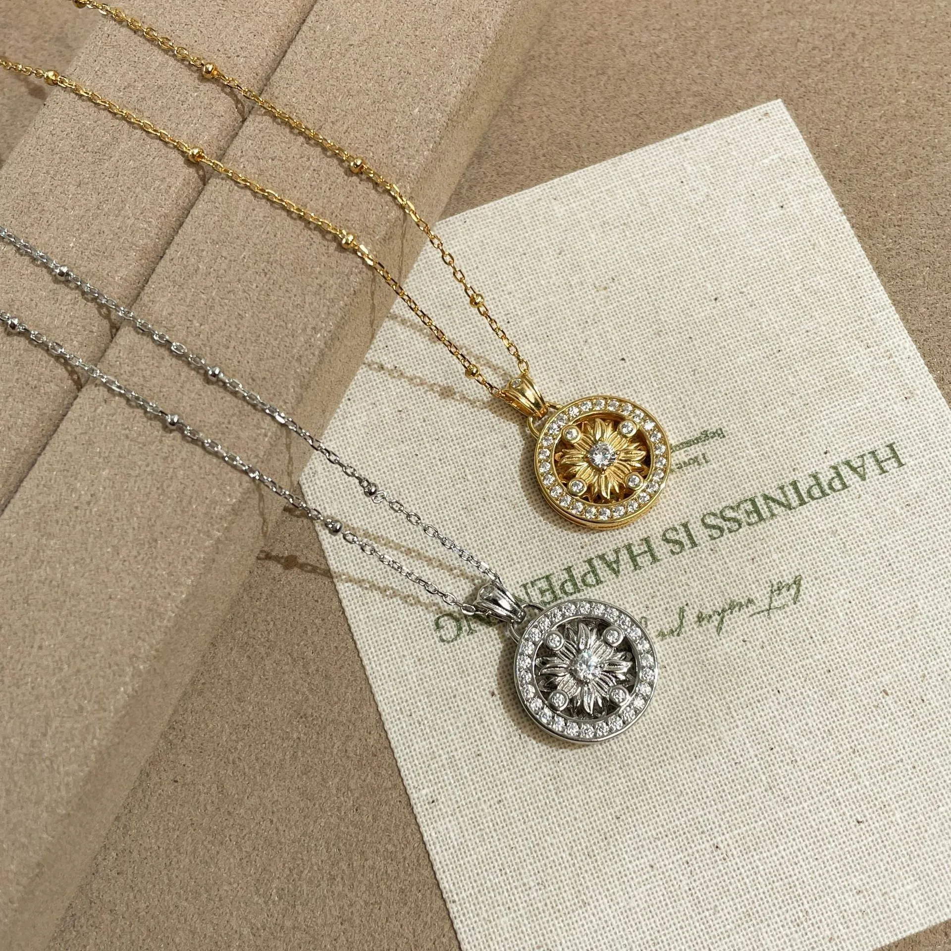 925 silver geometric sun pendant necklace electroplated white gold colour adjustable 41-50cm chain women Chinese style