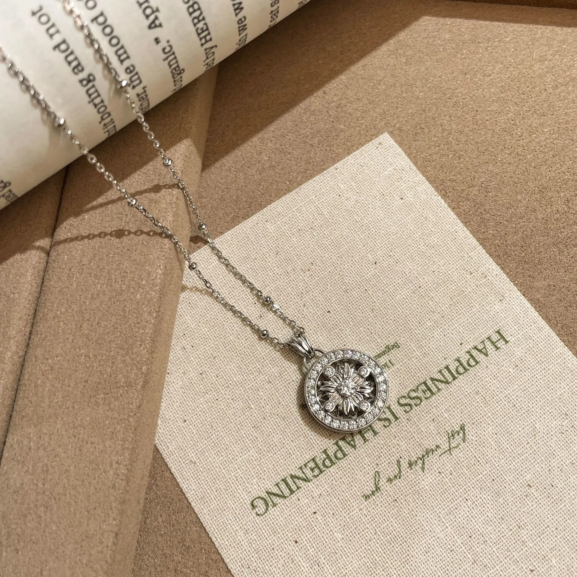 925 silver geometric sun pendant necklace electroplated white gold colour adjustable 41-50cm chain women Chinese style