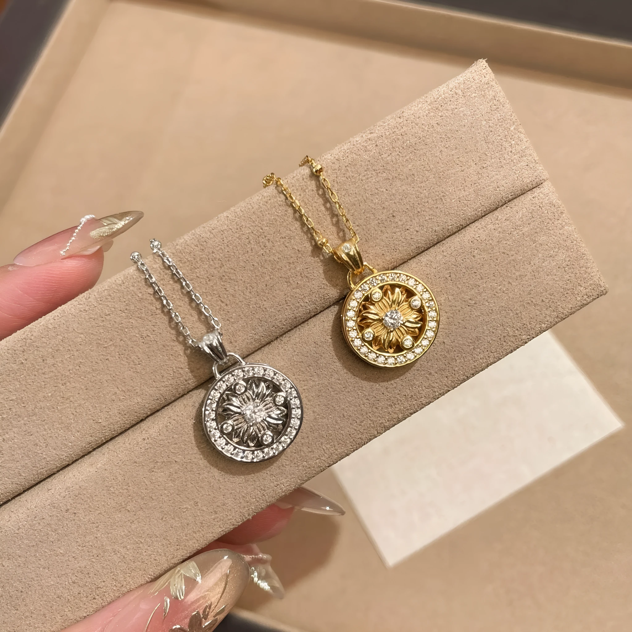 925 silver geometric sun pendant necklace electroplated white gold colour adjustable 41-50cm chain women Chinese style